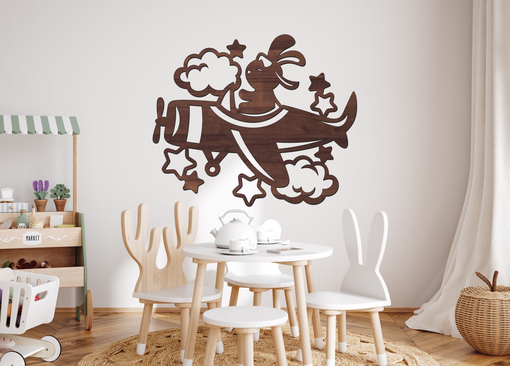 Drevený obrázok do detskej izby – Zajačik v lietadle