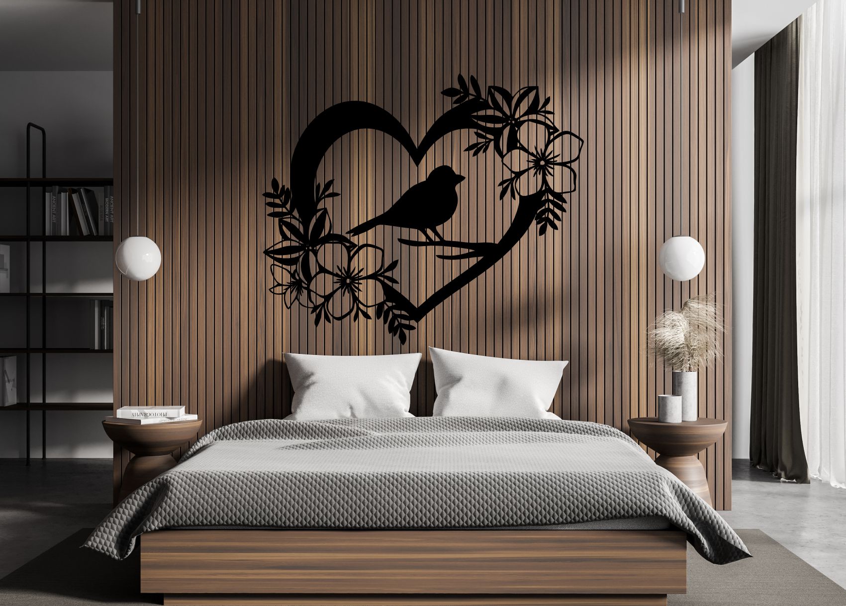 Drevený obraz – Srdce s vtáčikom a kvetmi