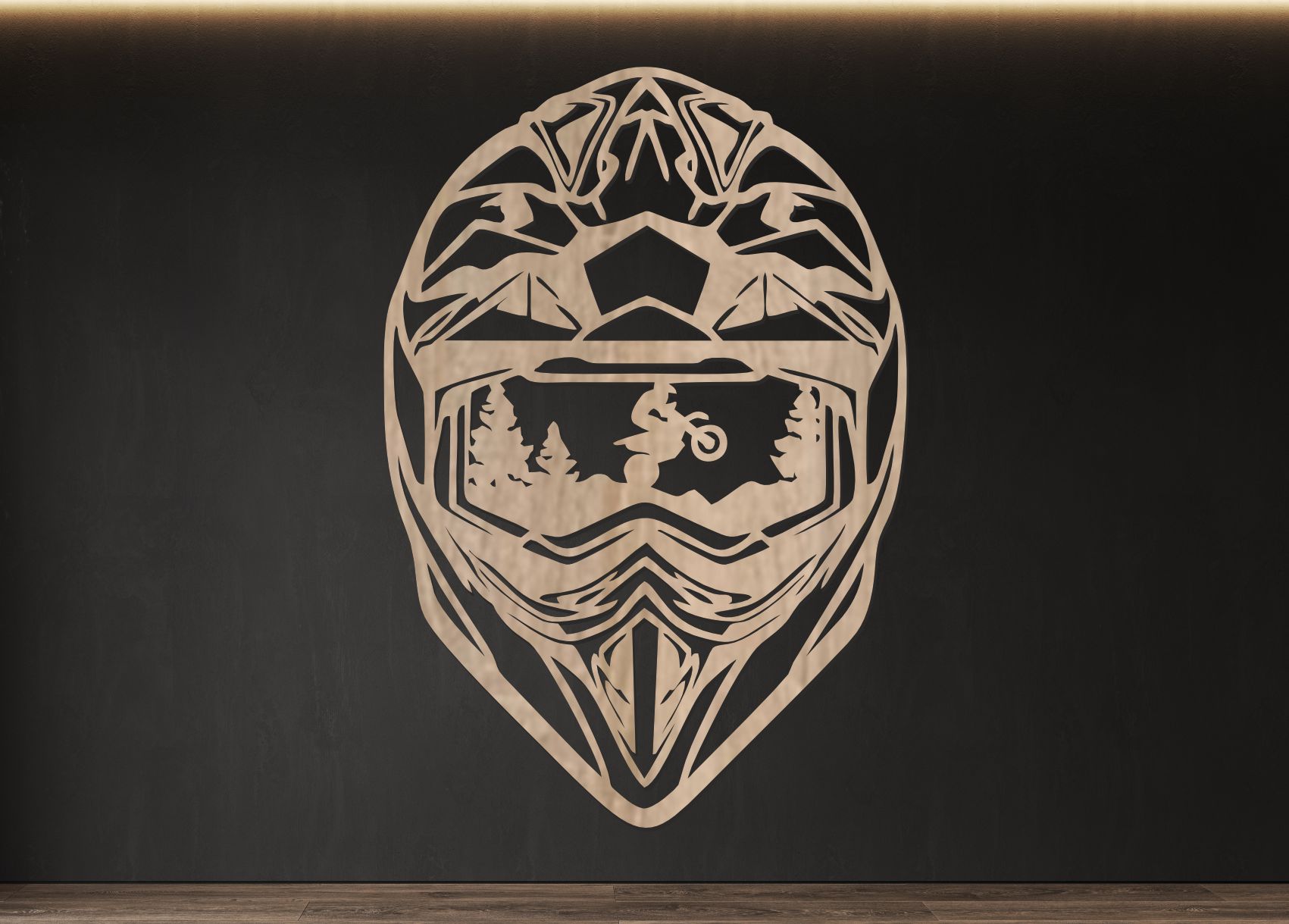 Drevený obraz na stenu – Motorkárska prilba s krajinou