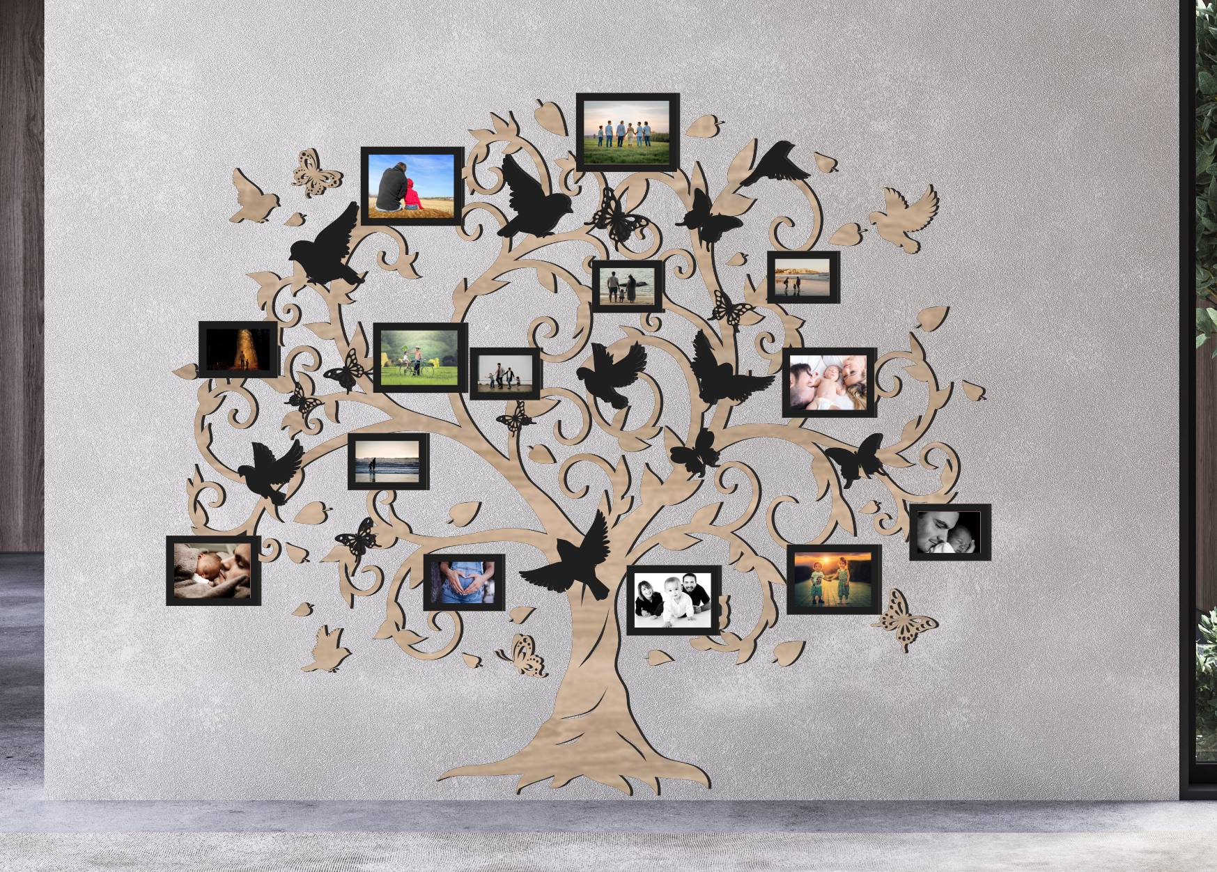 Drevený fotorámik na stenu – Rodinný strom s vtáčikmi a motýľmi