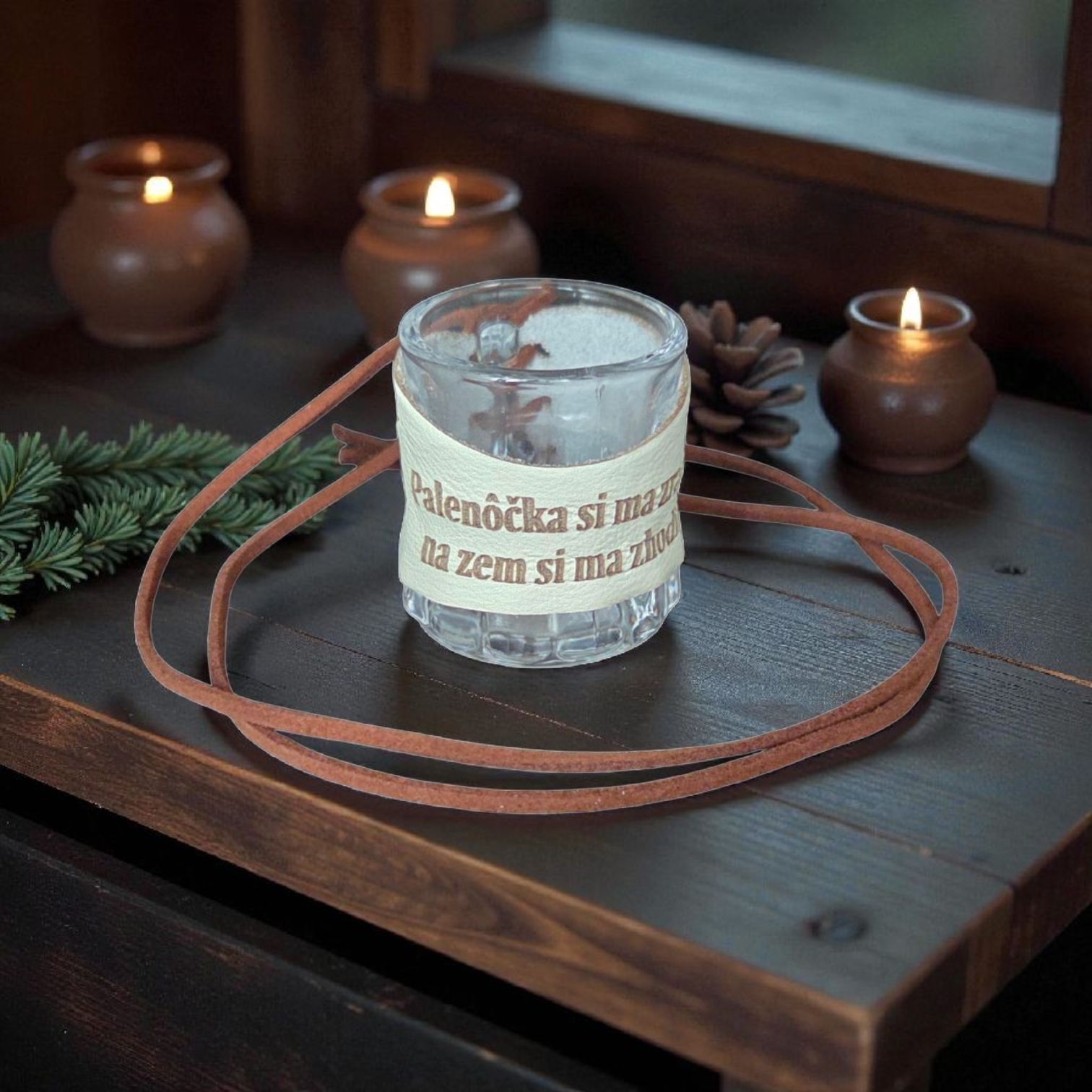 klenený štamperlík s koženým obalom – Pálenôčka si ma zradila, na zem si ma zhodila