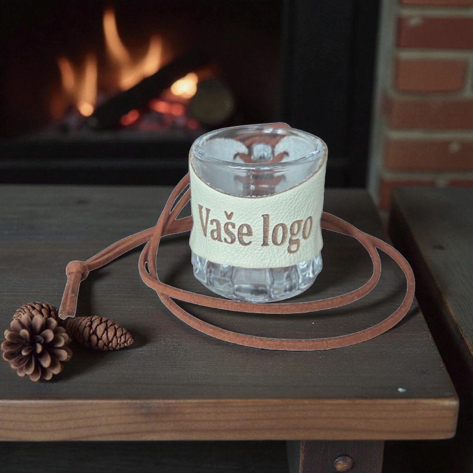 Sklenený štamperlík s koženým obalom – Vaše logo (Pozorne si prečítajte popis – dôležité pre objednávku!)