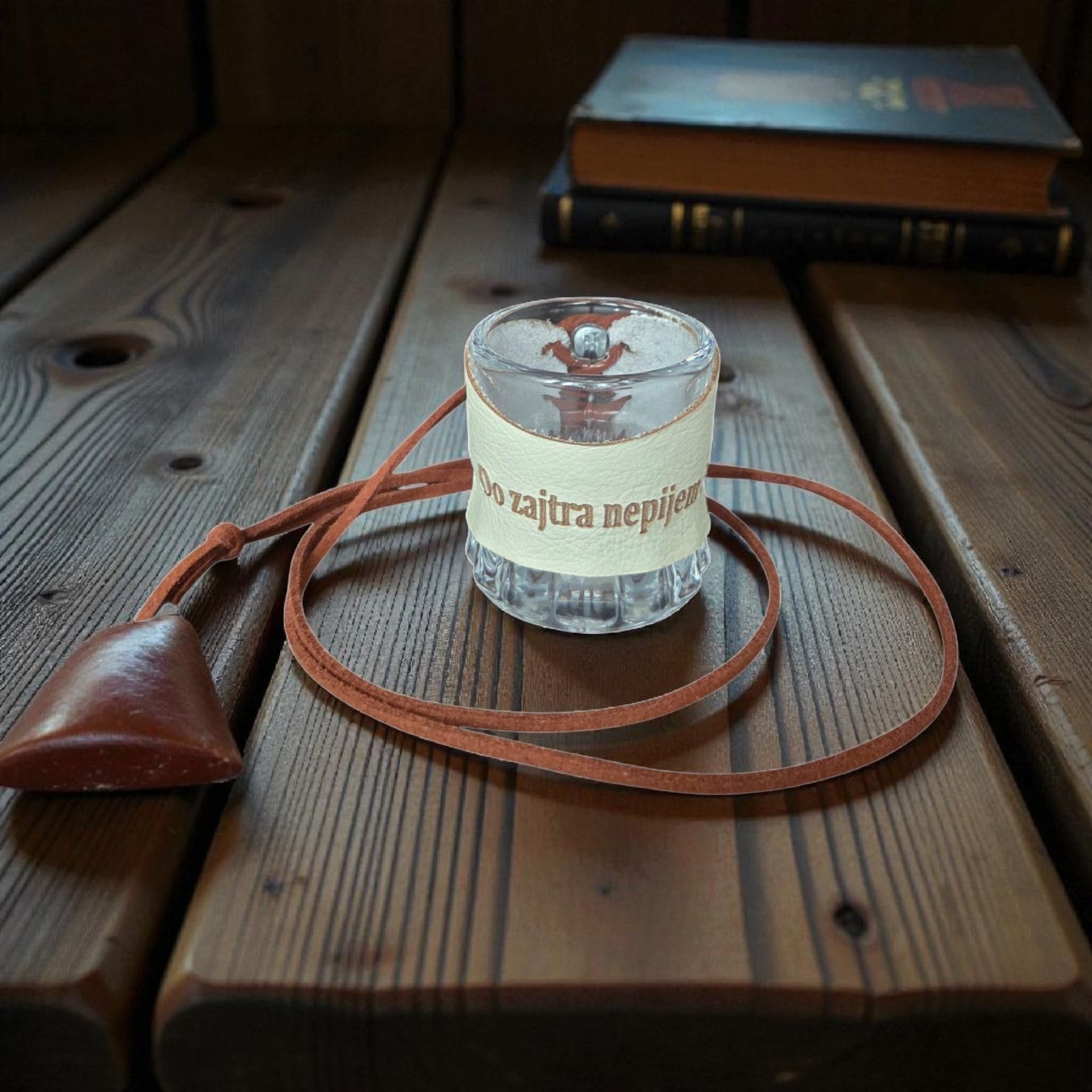Sklenený štamperlík s koženým obalom – Do zajtra nepijem
