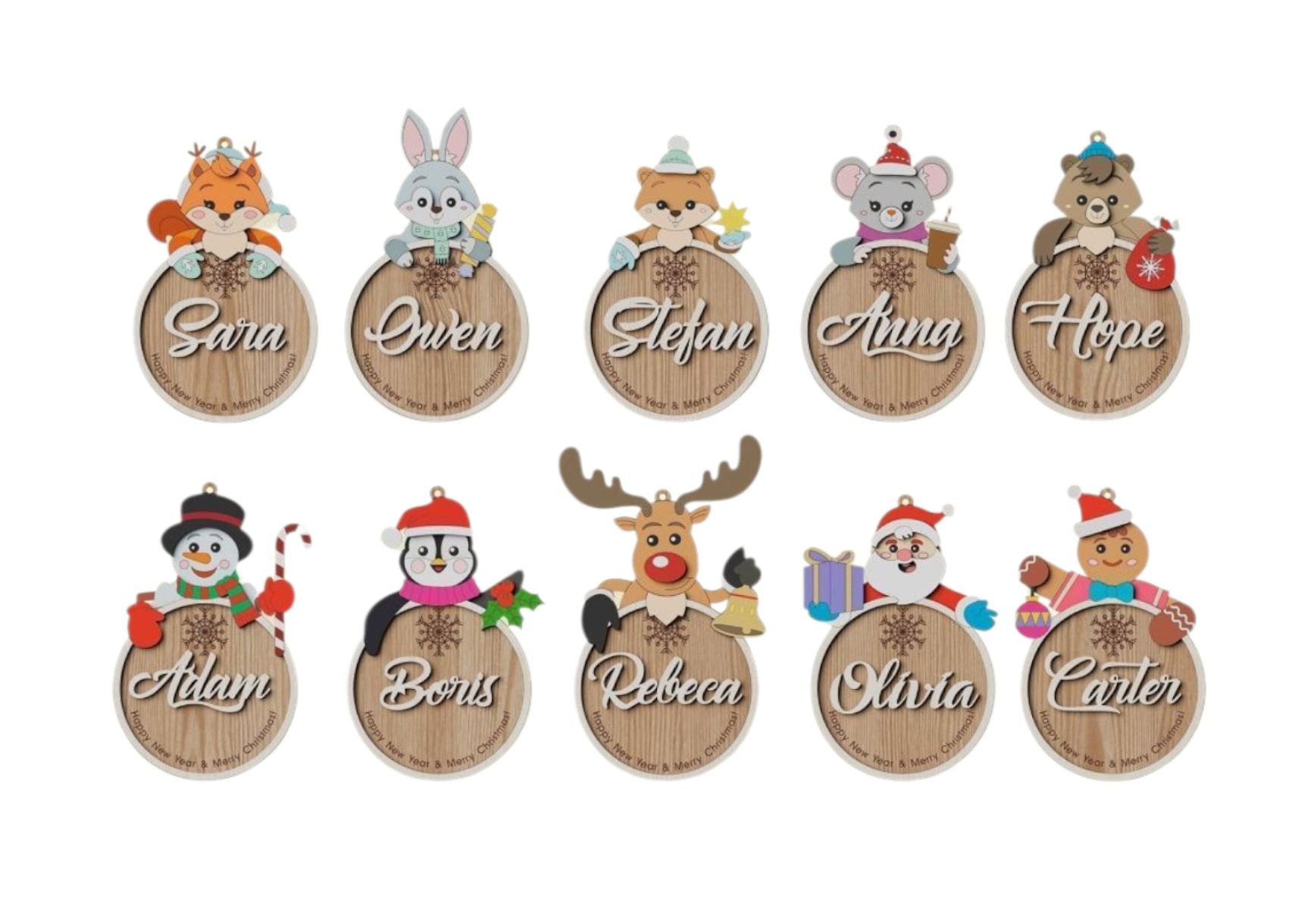 Drevené vianočné ozdoby na vymaľovanie s menom – Zvieratká