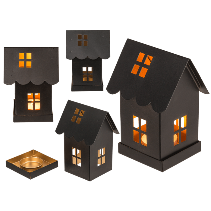 Čierny kovový dekoračný domček na čajové sviečky