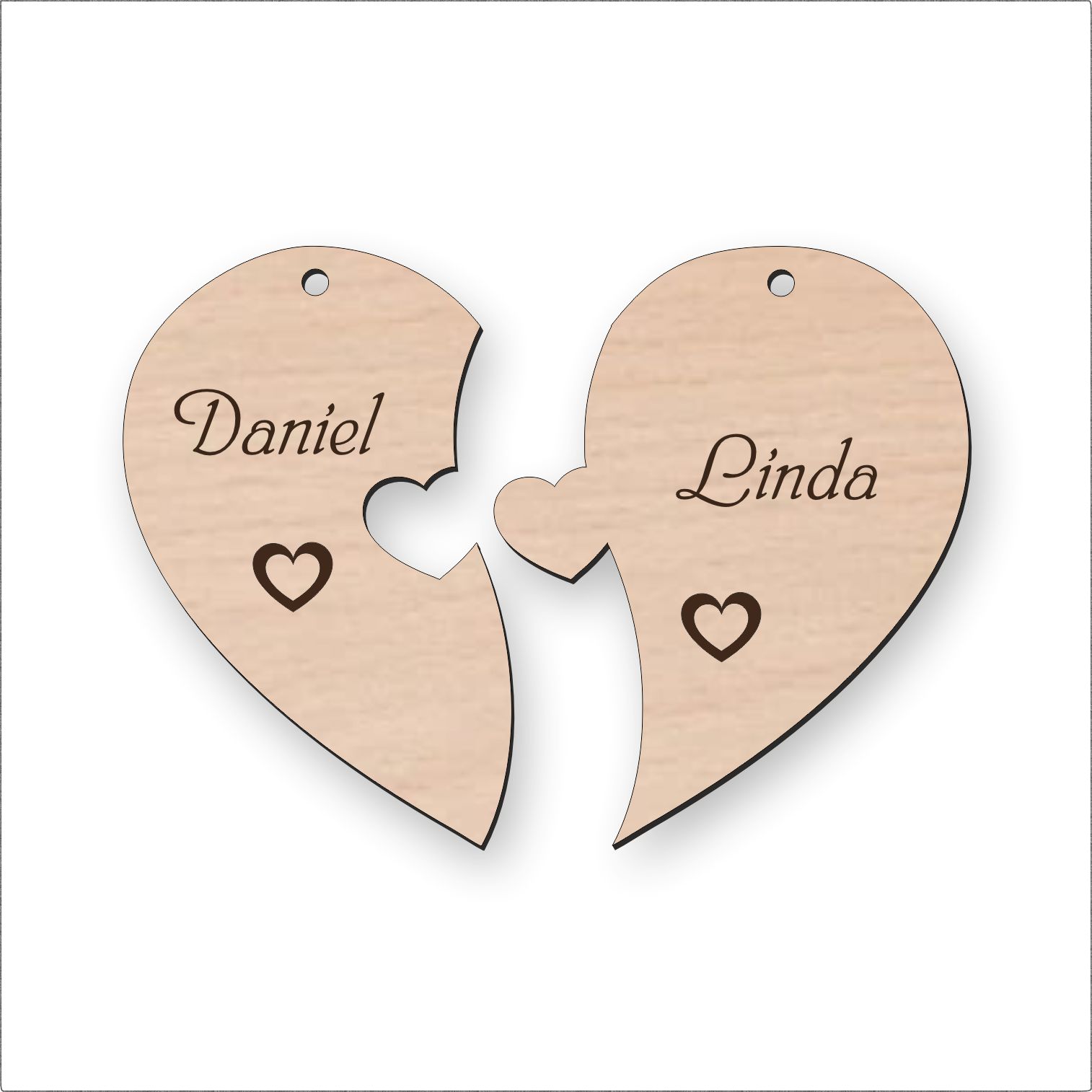 Drevené párové kľúčenky - srdce s menami