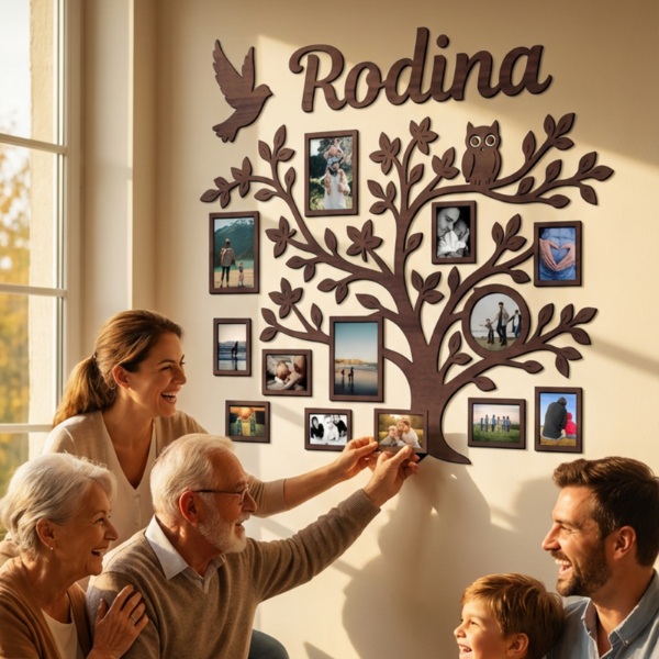 Drevený fotorámik na stenu – Rodinný strom s nápisom