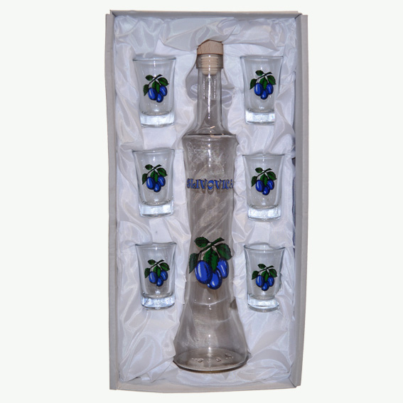 Fľaša na alkohol so štamperlíkmi - slivovica