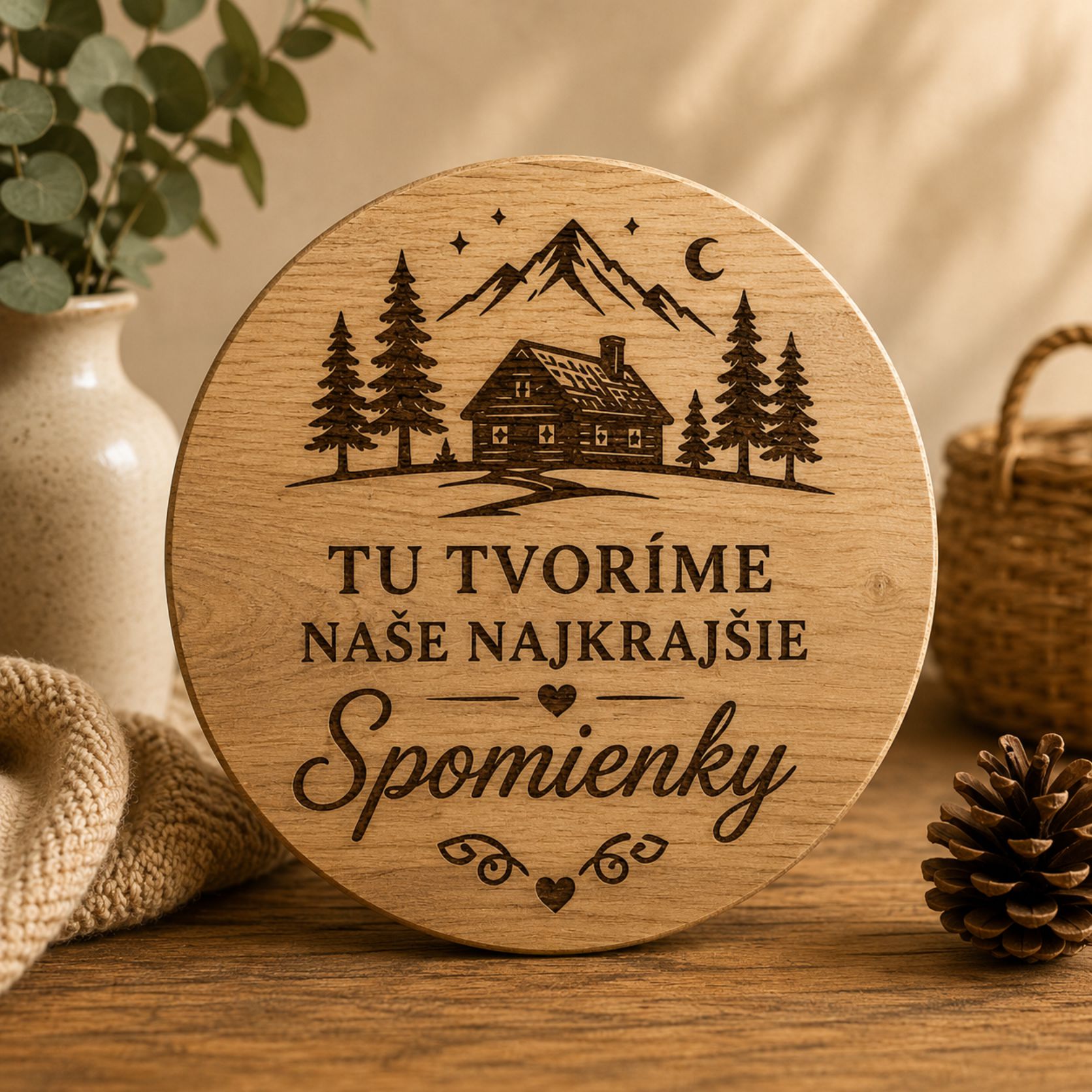 Drevená kruhová tabuľka na stenu - Tu tvoríme naše najkrajšie spomienky