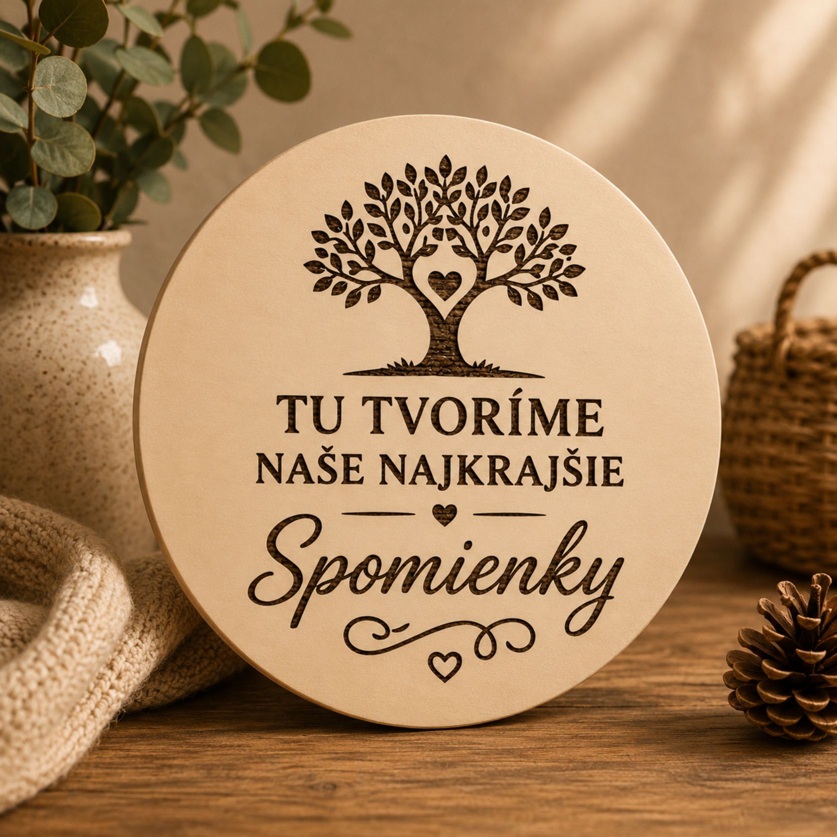Drevená kruhová tabuľka so stromom života - Tu tvoríme naše najkrajšie spomienky