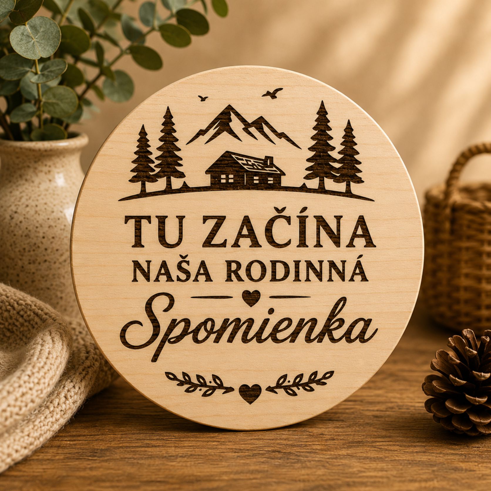 Drevená kruhová tabuľka na stenu - Tu začína naša rodinná spomienka