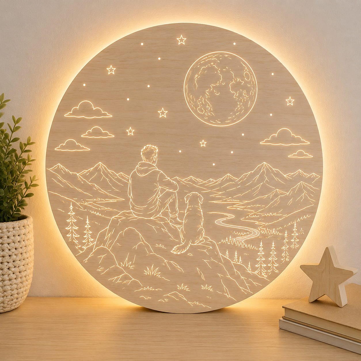Drevená LED lampa - Muž so psom v horách pod mesiacom