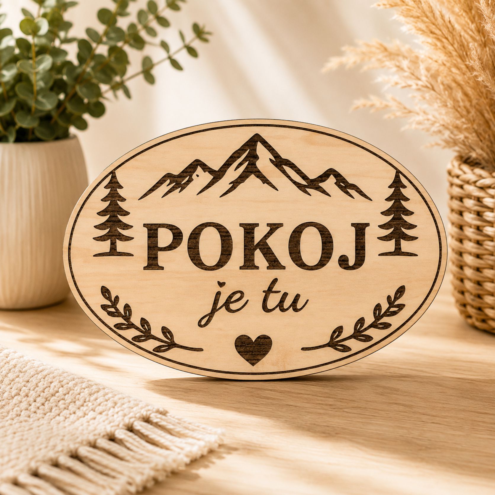 Drevená tabuľka na chatu - Pokoj je tu - oválna dekorácia
