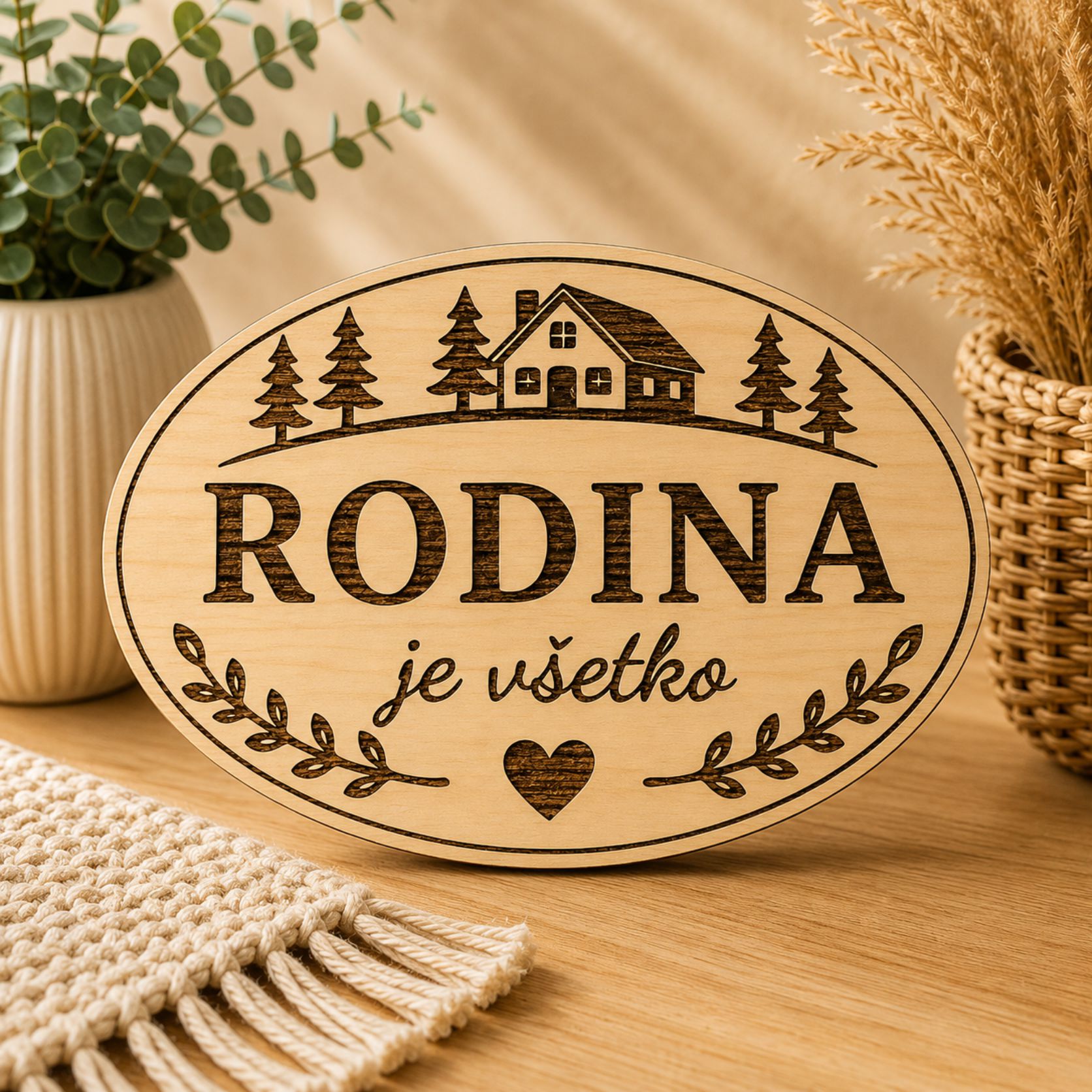 Drevená tabuľka na chatu - Rodina je všetko - oválna dekorácia
