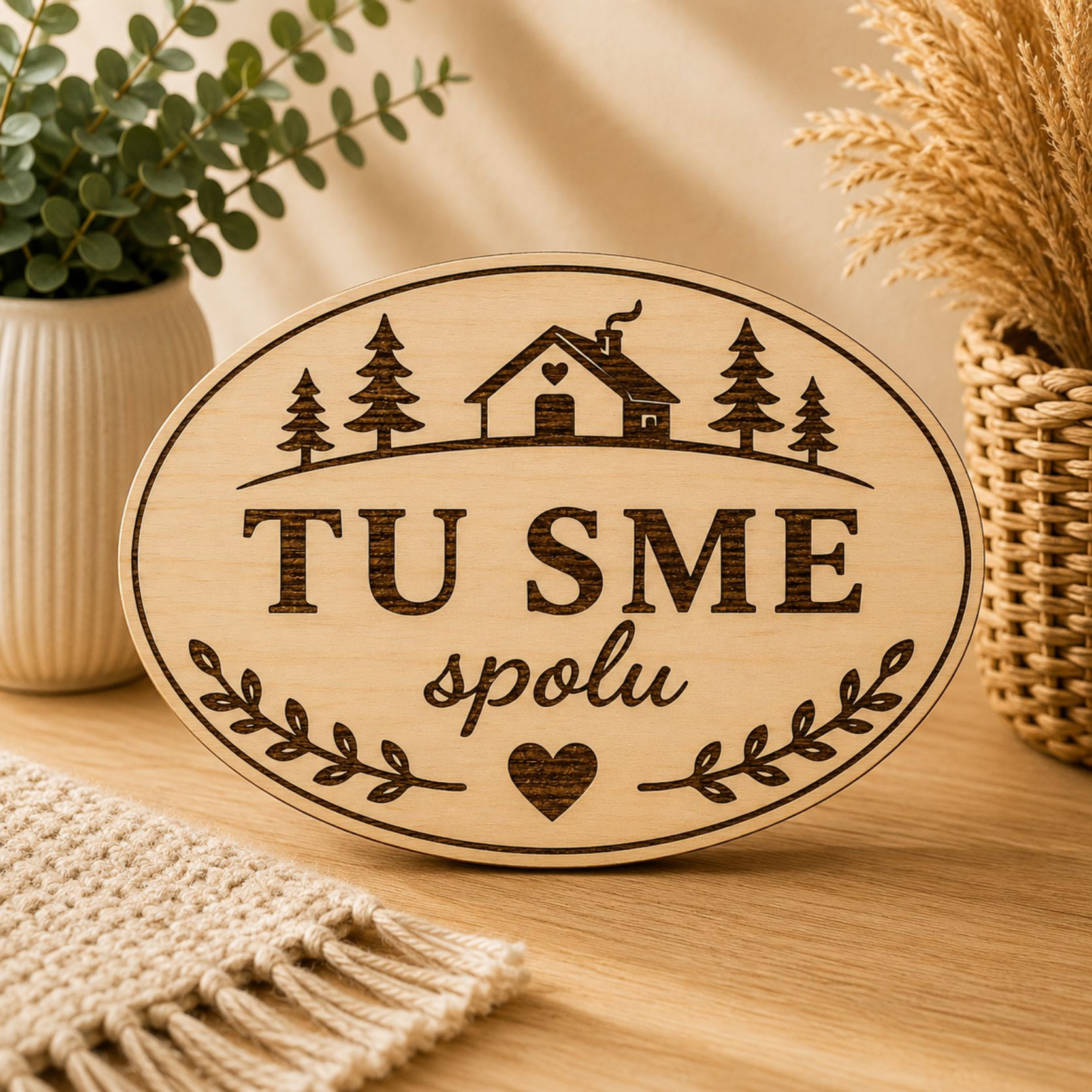 Drevená tabuľka na chatu - Tu sme spolu - oválna dekorácia