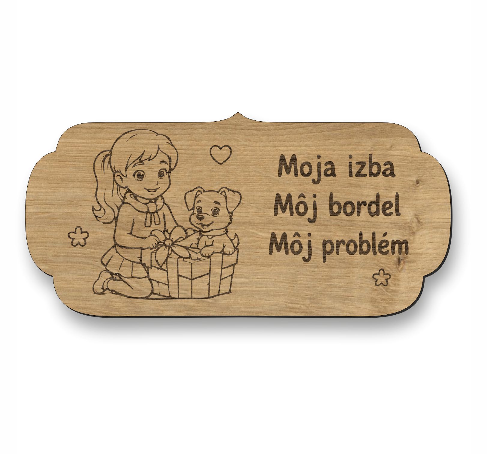Drevená tabuľka na dvere - Moja izba môj bordel môj problém - dievčatko so psíkom