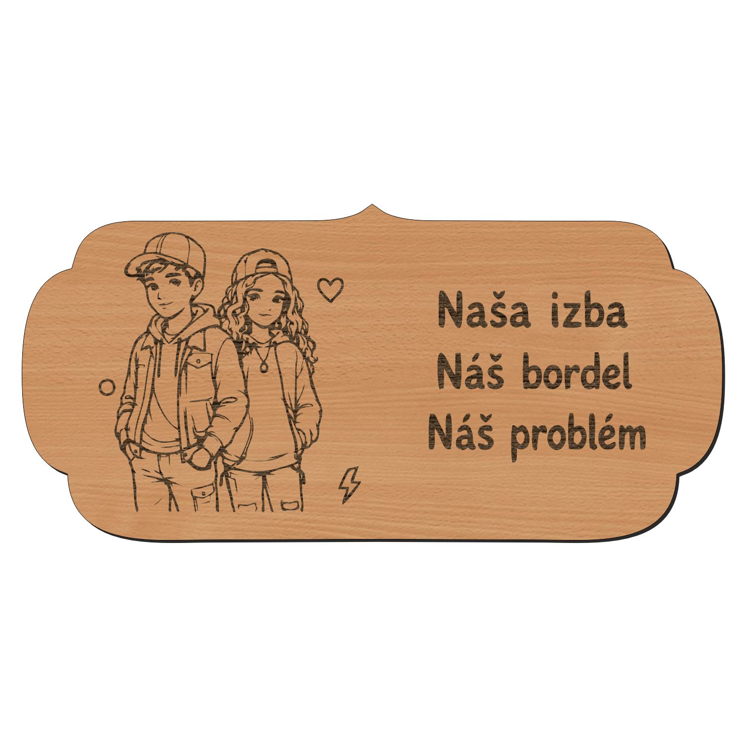 Drevená tabuľka na dvere - Naša izba náš bordel náš problém - teenager a teenagerka
