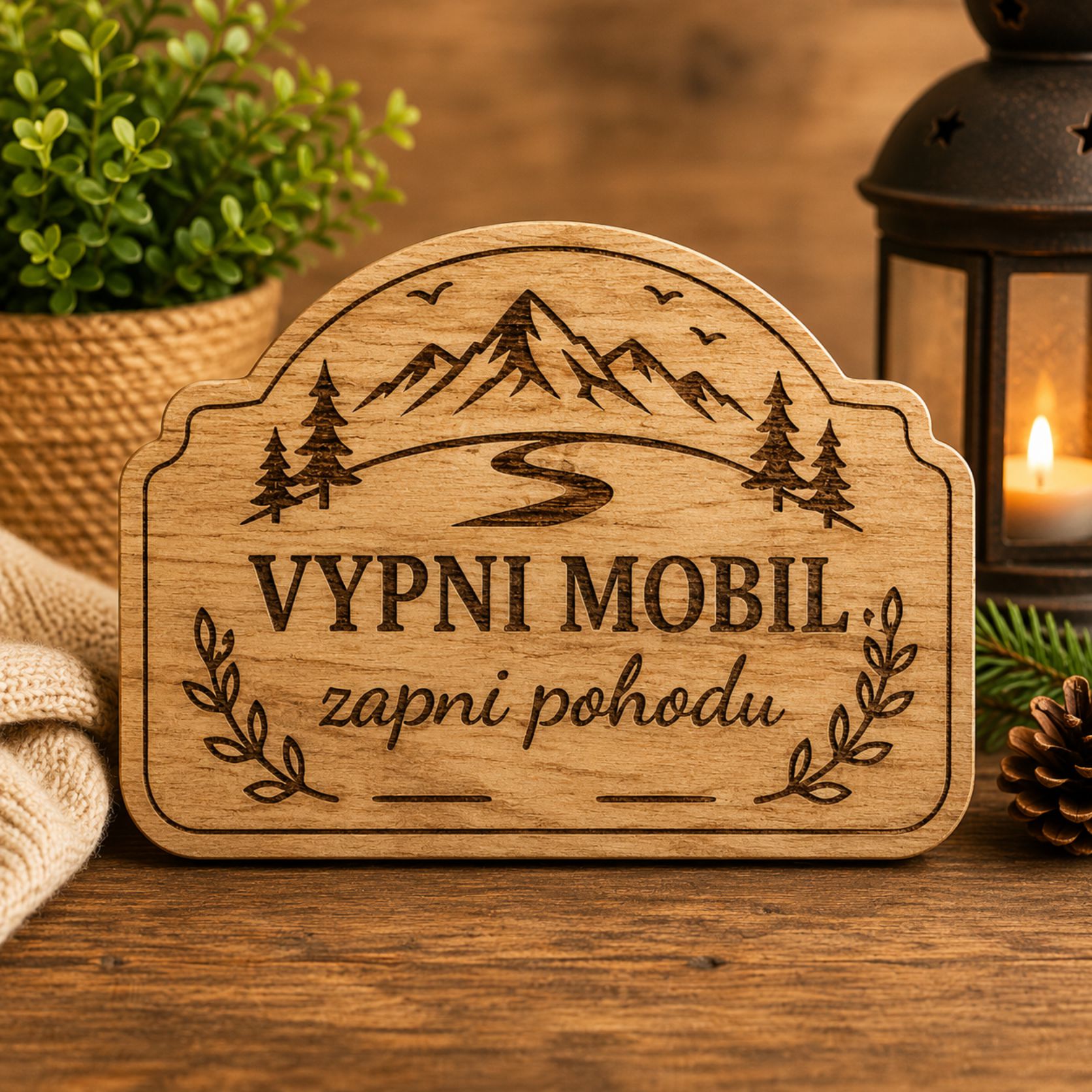 Drevená tabuľka na chatu - Vypni mobil, zapni pohodu