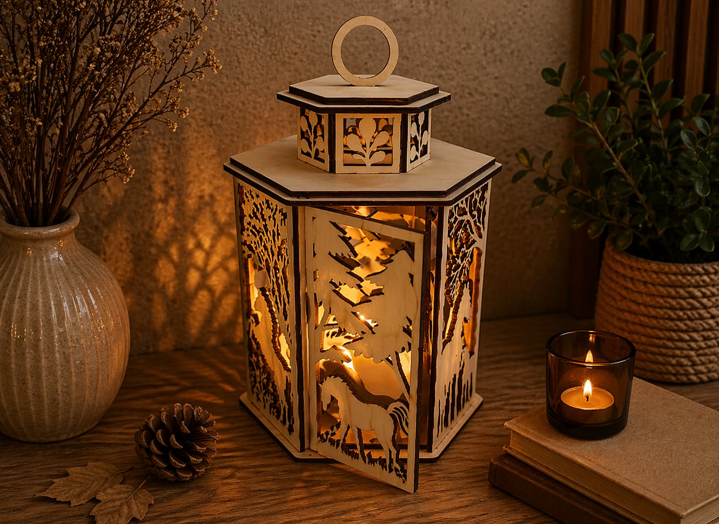 Drevený lampáš – Lesná harmónia s koňom