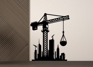 Drevený obraz na stenu – Žeriav na stavbe