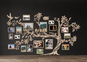 Drevený fotorámik na stenu – Rodinný strom s vtáčikmi a hniezdom