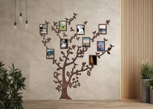 Drevený fotorámik na stenu – Rodinný strom s vtáčikmi