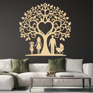 Rodinný strom z dreva na stenu - Otec, mama, dcéra a kočík