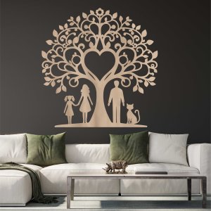 Rodinný strom z dreva na stenu - Otec, mama, dcéra a mačka