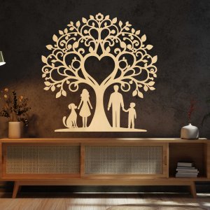 Rodinný strom z dreva na stenu - Otec, mama, syn a pes