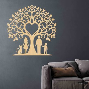 Rodinný strom z dreva na stenu - Mama, otec, syn a mačka
