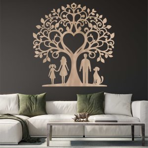 Rodinný strom z dreva na stenu - Mama, otec, dcéra a pes