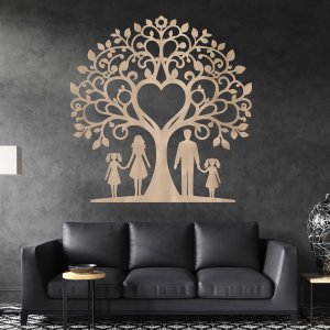 Rodinný strom z dreva na stenu - Mama, otec a dve dcéry