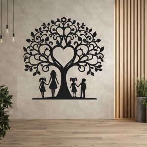 Rodinný strom z dreva na stenu - Mama, syn a dve dcéry