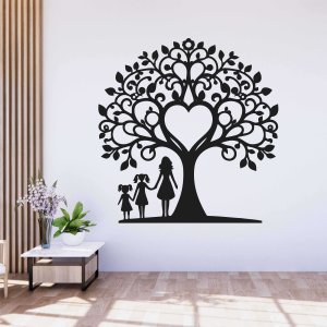 Rodinný strom z dreva na stenu - Mama a dve dcéry