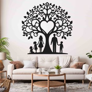 Rodinný strom z dreva na stenu - Mama, otec, dve dcéry a syn