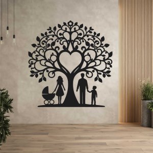 Rodinný strom z dreva na stenu - Mama, otec, syn a kočík