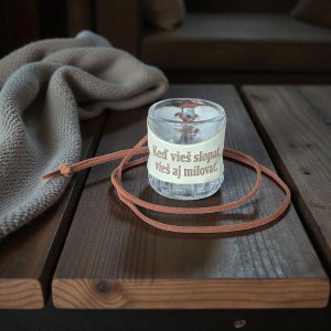 Sklenený štamperlík s koženým obalom – Keď vieš slopať, vieš aj milovať