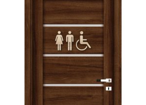 Drevená tabuľka na WC - žena muž a invalid