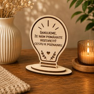 Drevené ocenenie s vlastným textom - Žiarovka poznania