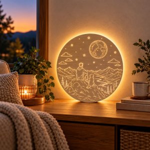 Drevená LED lampa - Muž so psom v horách pod mesiacom