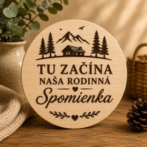 Drevená kruhová tabuľka na stenu - Tu začína naša rodinná spomienka