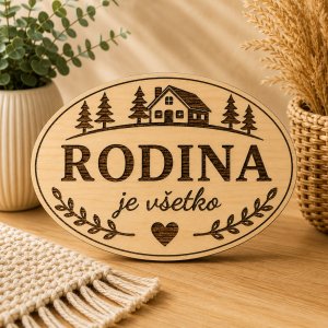 Drevená tabuľka na chatu - Rodina je všetko - oválna dekorácia