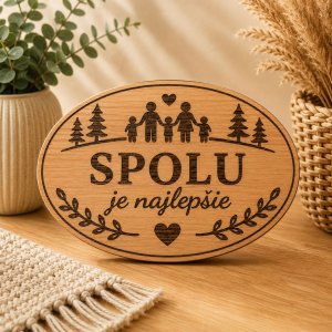Drevená tabuľka na chatu - Spolu je najlepšie - oválna dekorácia