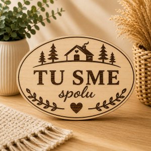 Drevená tabuľka na chatu - Tu sme spolu - oválna dekorácia