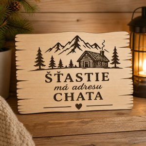 Drevená tabuľka - Šťastie má adresu chata