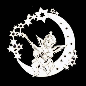 Vianočná ozdoba - Anjelik na mesiaci s gitarou 9 cm