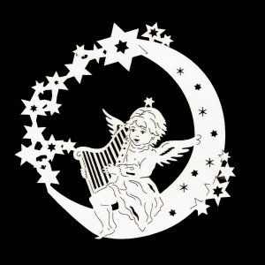 Vianočná ozdoba - Anjelik na mesiaci s harfou 9 cm