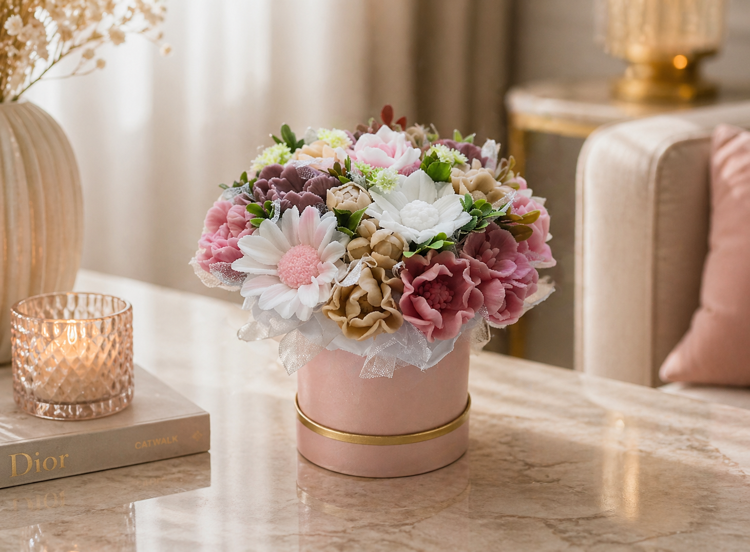 Luxusná mydlová kytica v boxe - nežná