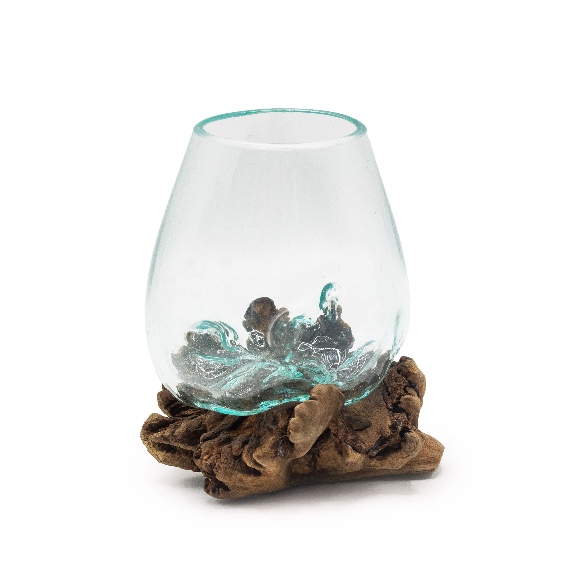 Sklenená váza na dreve