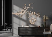 Drevený obraz – Konár s vtákmi a krmítkom